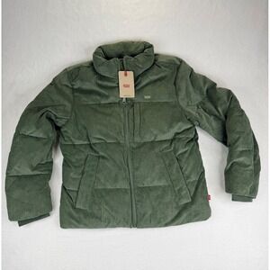 Levis Womens Corduroy Puffer Jacket Green High Loft Insulated Full Zip Medium